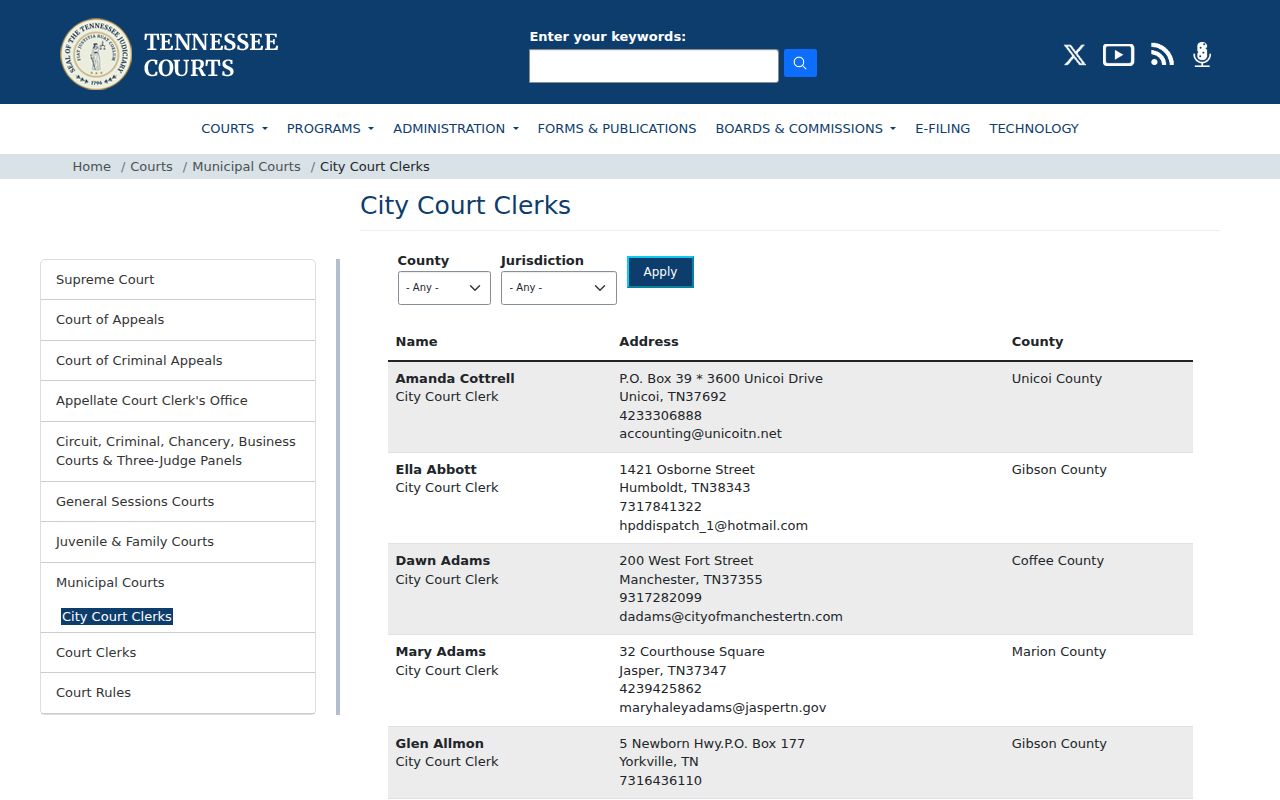 Grundy County criminal court case routing through the Tennessee city clerk directory