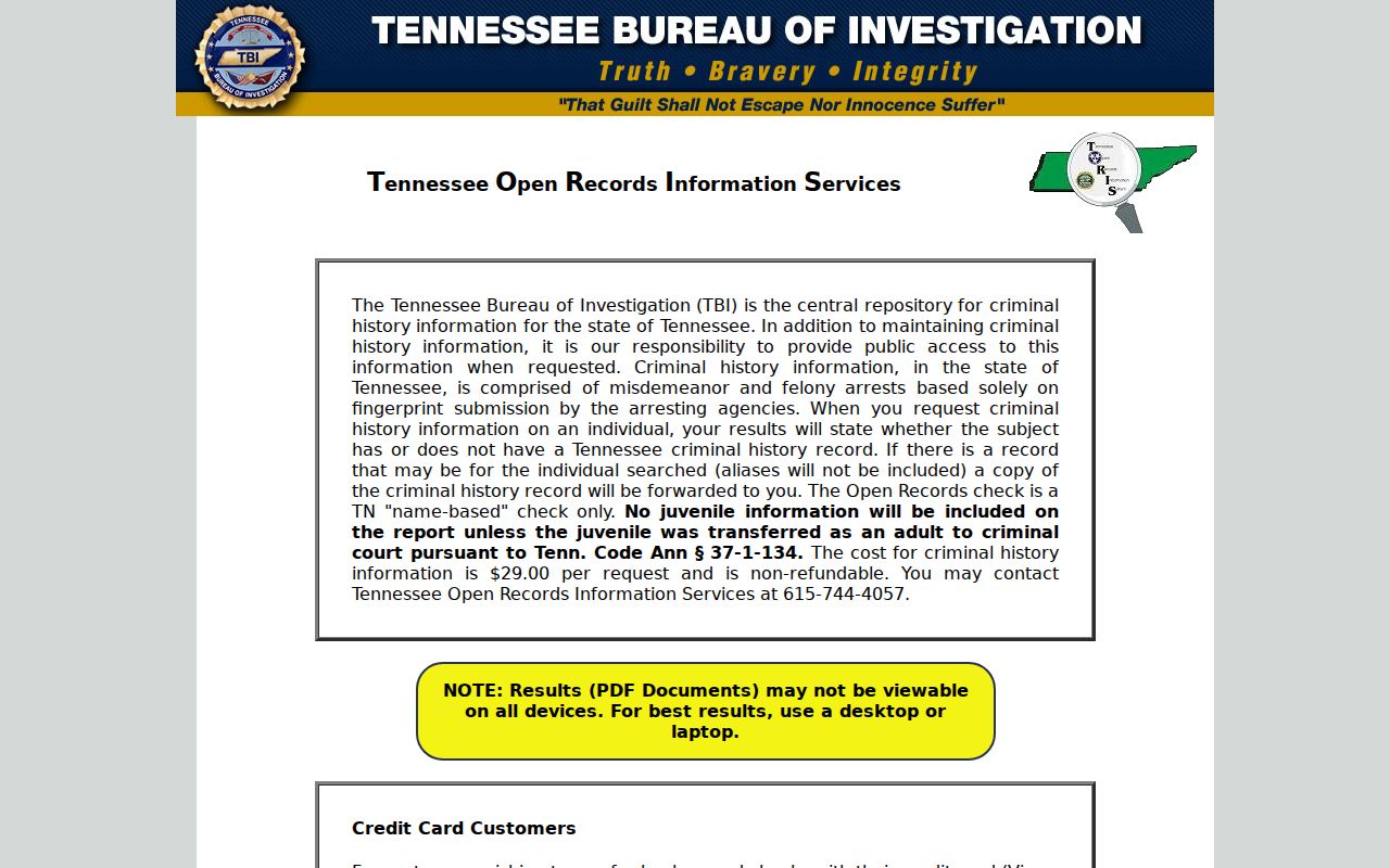 Grundy County criminal history check through the Tennessee TORIS start page